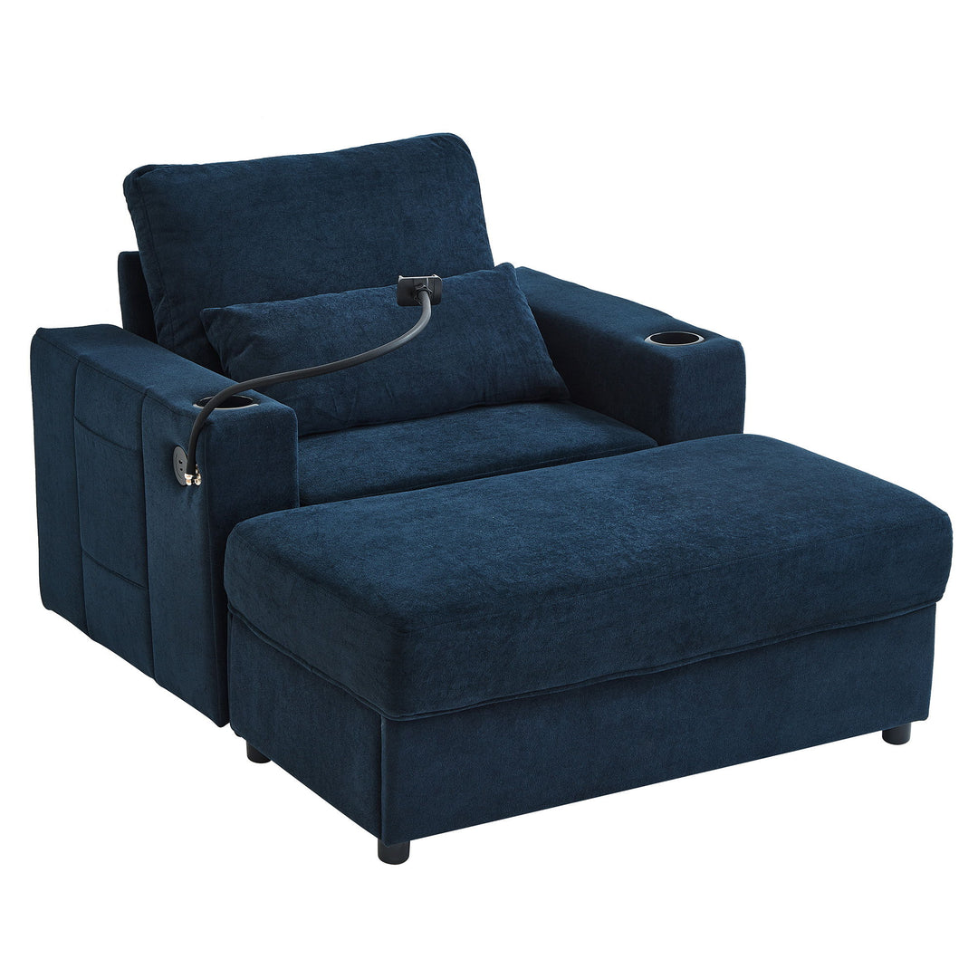 Modern Style Armchair Chaise Lounge Sofa Couch With Movable Storage Ottoman, USB Ports, Cup Holders, Phone Holder, Side Pockets