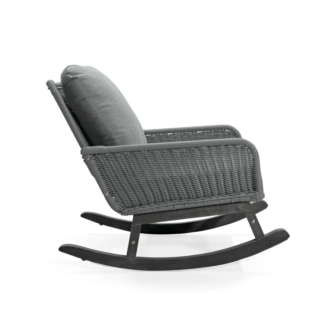 Modern 3 Piece Outdoor Seating Set With Cushioned Rattan Rocking Chairs And Wooden Accent Table
