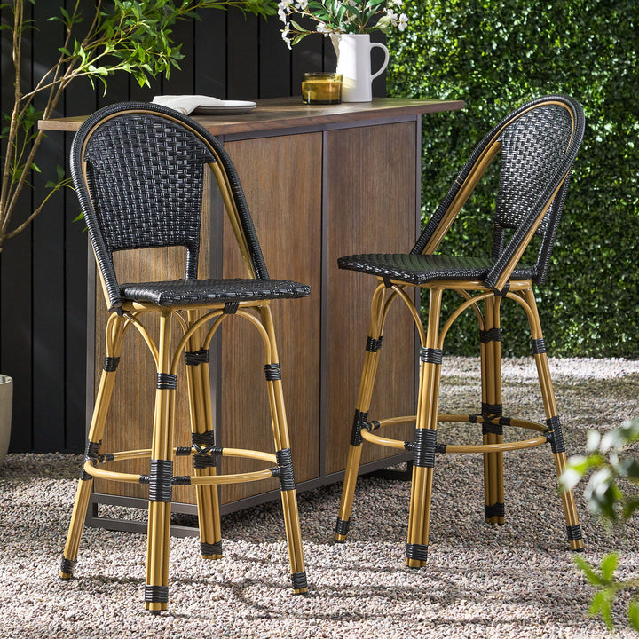 Outdoor Rattan And Aluminum French Barstools (Set of 2)