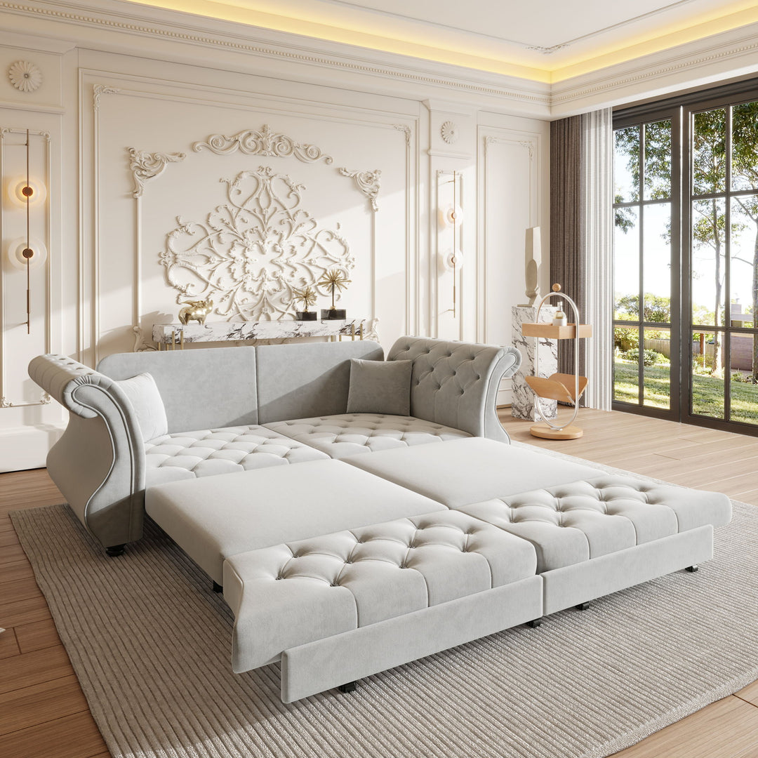 Oversized Chesterfield Pull Out Sofa Bed, Roll Arm Couch With Flower Tufting For Living Room