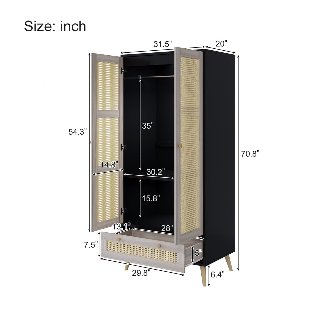 Tall Armoire Wardrobe Closet With 2 Rattan Doors & 1 Drawer, Boho Clothes Storage Cabinet With Hanging Rod For Bedroom - Natural / Black
