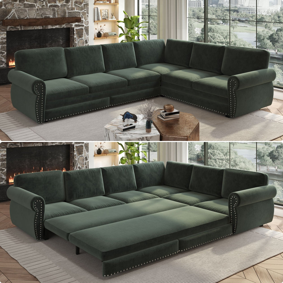 L-Shaped Sofa Couch With Pull Out Bed With Nailhead Trim & Rolled Arm, Sectional Couches, For Living Room - Green