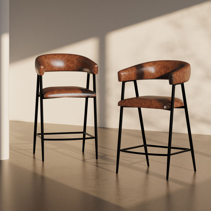 Counter Stools (Set of 2), Upholstered Counter Stools With Iron Frame, Backrest, Footrest, Arm Counter Stools For Home Bar, Kitchen Counter - Brown