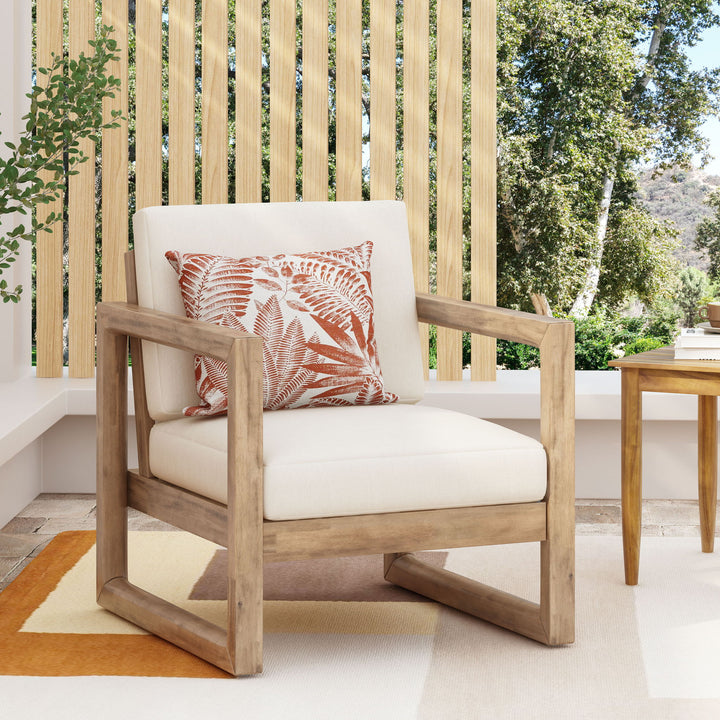 Outdoor Acacia Wood Patio Club Chair, Wood Patio Furniture, Waterproof Thick Cushion Deep Seating For Porch - Brown Wash / Beige