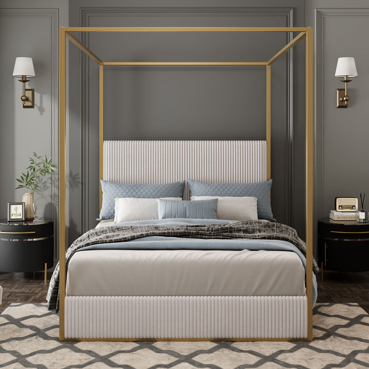 Luxury Canopy Bed With Plush Corduroy Upholstered Headboard