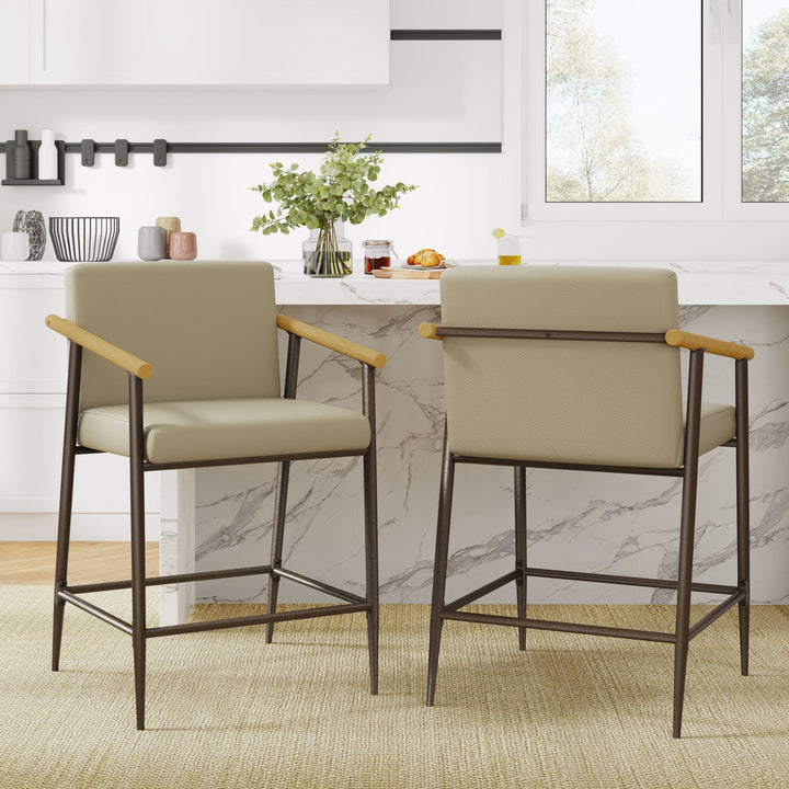 Mid Century Modern Counter Stool Set With Espresso Metal Frame - Khaki