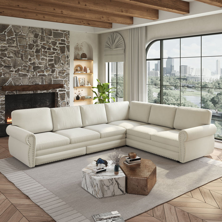 L-Shaped Sofa Couch With Pull Out Bed With Nailhead Trim & Rolled Arm, Sectional Couches, For Living Room - Beige