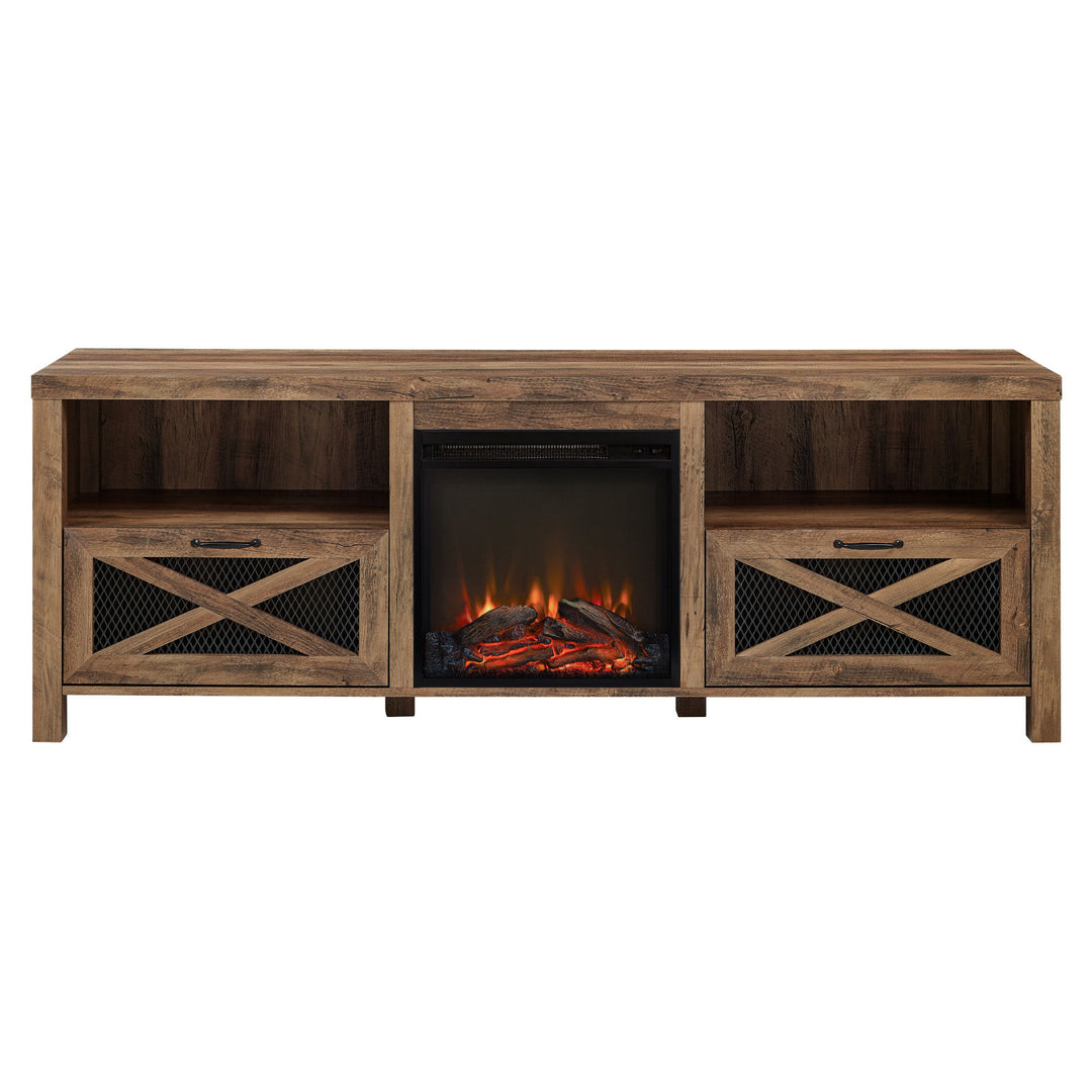 Industrial Farmhouse Metal Mesh Drop Down X Door Fireplace TV Stand