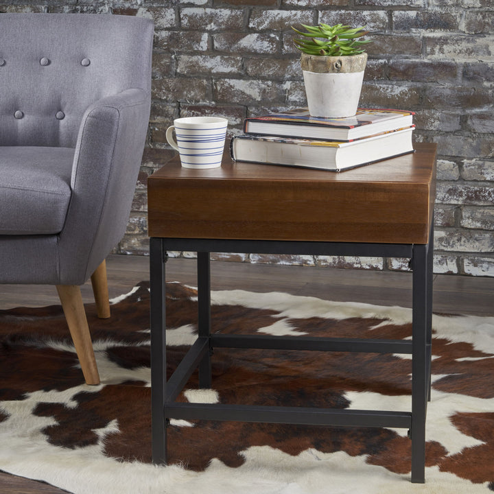 Industrial Style Storage Side Table With Iron Frame - Dark Oak