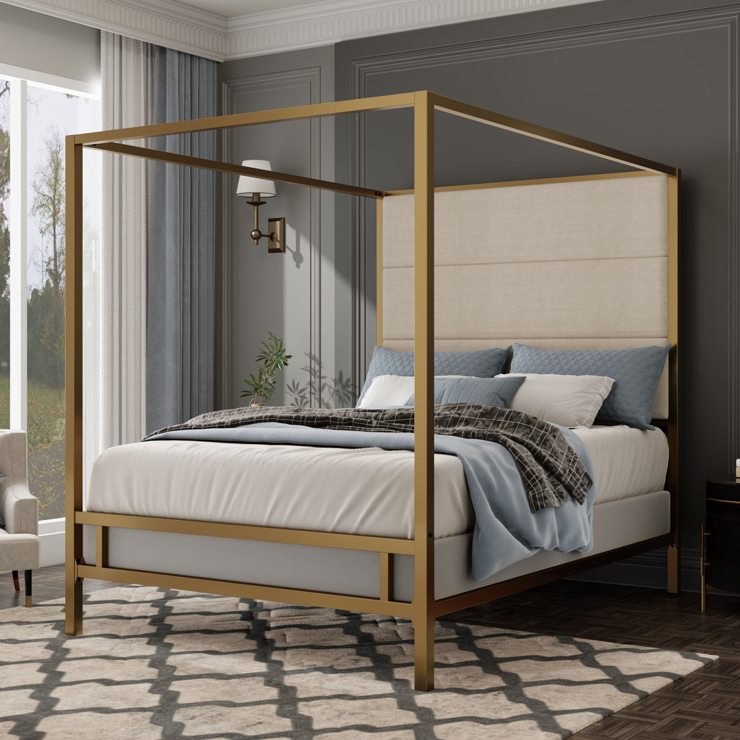 Modern Canopy Bed With Tall Upholstered Headboard