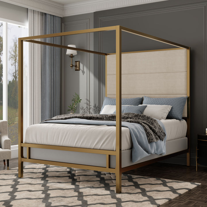 Modern Canopy Bed With Tall Upholstered Headboard