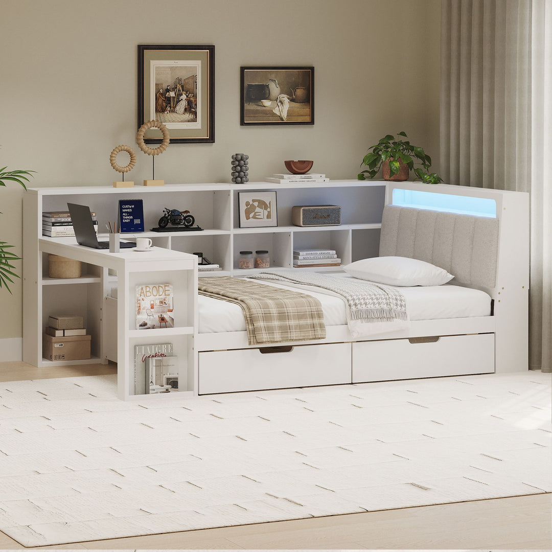 L Shaped Daybed With Desk, Bookcase, Upholstered Headboard, Drawers, And LED Light