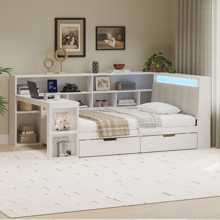 L Shaped Daybed With Desk, Bookcase, Upholstered Headboard, Drawers, And LED Light