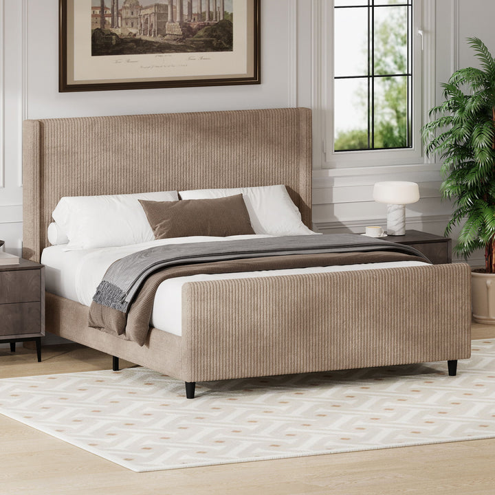 Corduroy Upholstered Bed Frame With Vertical Stripe Wingback And High Footboard