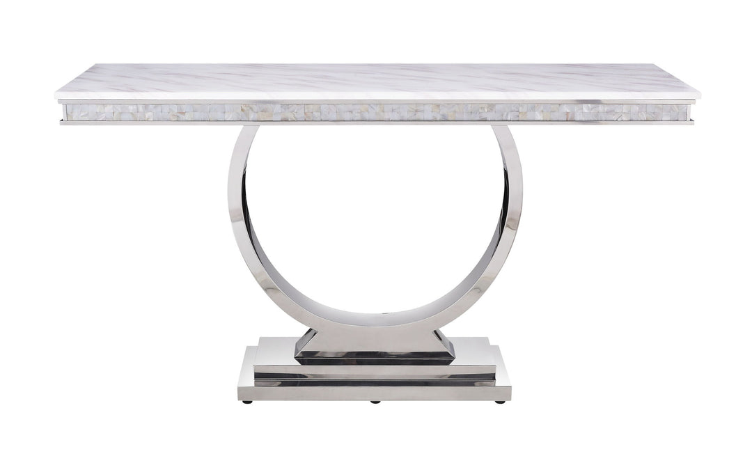 Zander - Printed Faux Marble Top Mirrored Sofa Table - Silver / White