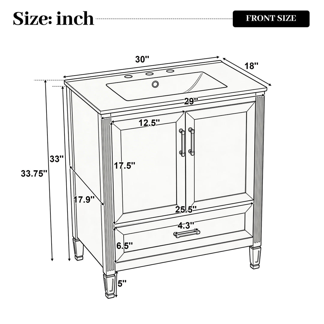 Elegant Fluted Bathroom Vanity With Sink, Soft Close Doors & Drawer