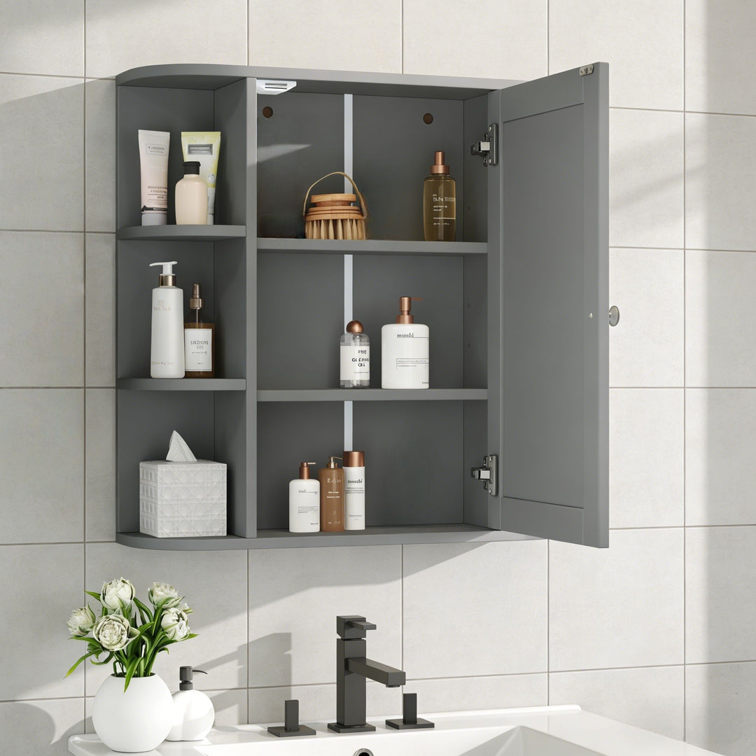 Bathroom Wall Storage Cabinet With Mirror And Adjustable Shelf, 6 Open Shelves
