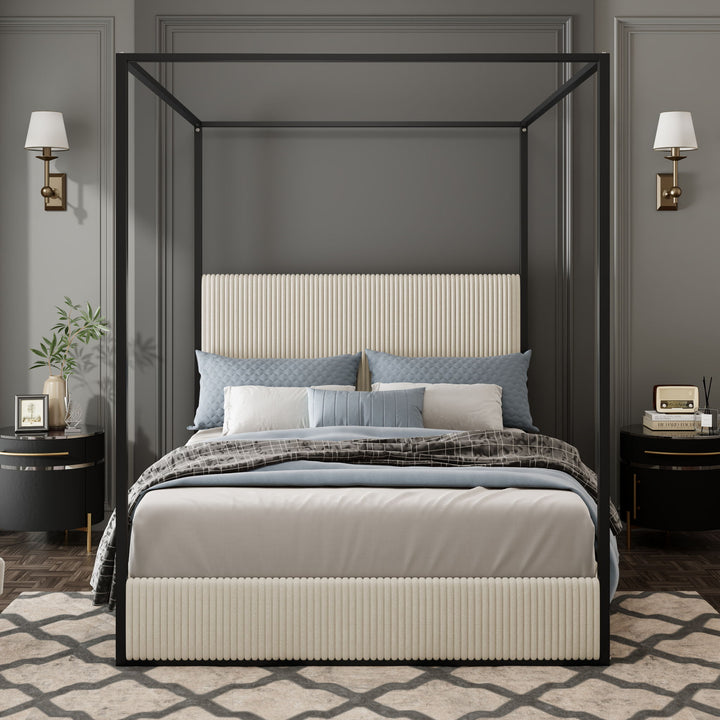 Luxury Canopy Bed With Plush Corduroy Upholstered Headboard