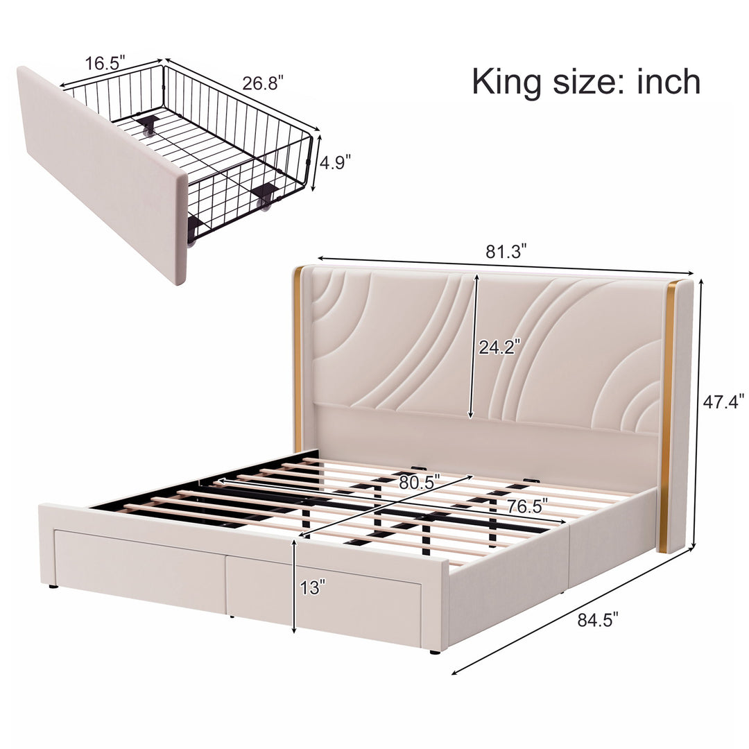 Modern Upholstered LED Bed Frame With Storage Drawers, Wingback Headboard, RGB Light