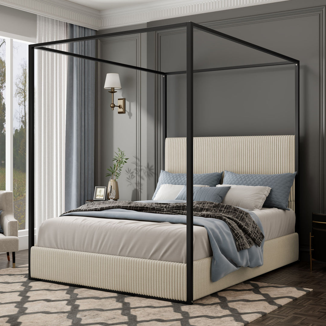 Luxury Canopy Bed With Plush Corduroy Upholstered Headboard