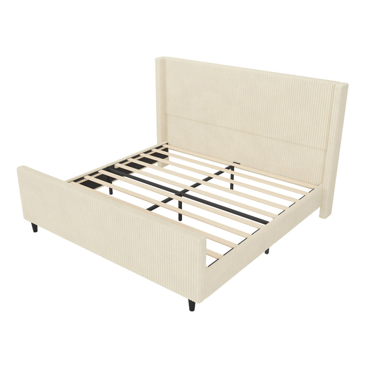 Corduroy Upholstered Bed Frame With Vertical Stripe Wingback And High Footboard