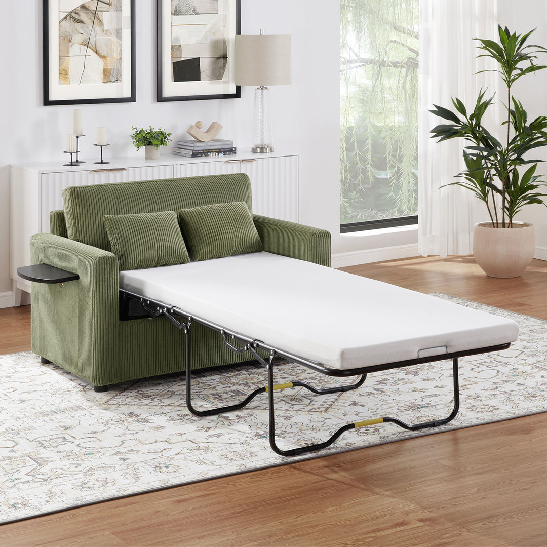 Sleeper Sofa With Foldable Mattress, USB Ports, Side Table & Storage Pocket