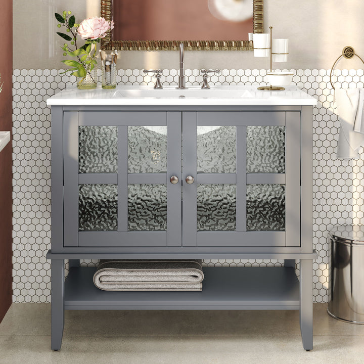 Bathroom Vanity With Ceramic Sink, Adjustable & Open Shelf