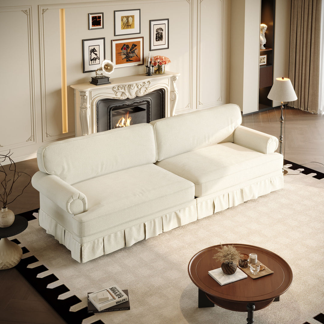 Luxuriously Comfortable Cloud Couch Sofa With Elegant Rolled Arms & Pleated Skirt Design