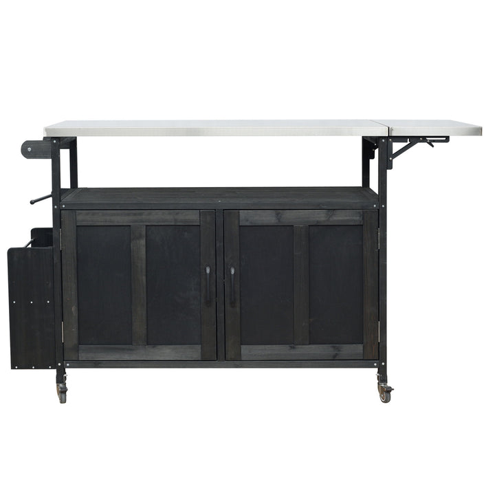 Foldable Outdoor Kitchen Island With Lockable Wheels, Storage Cabinet And Towel Rack For Patio