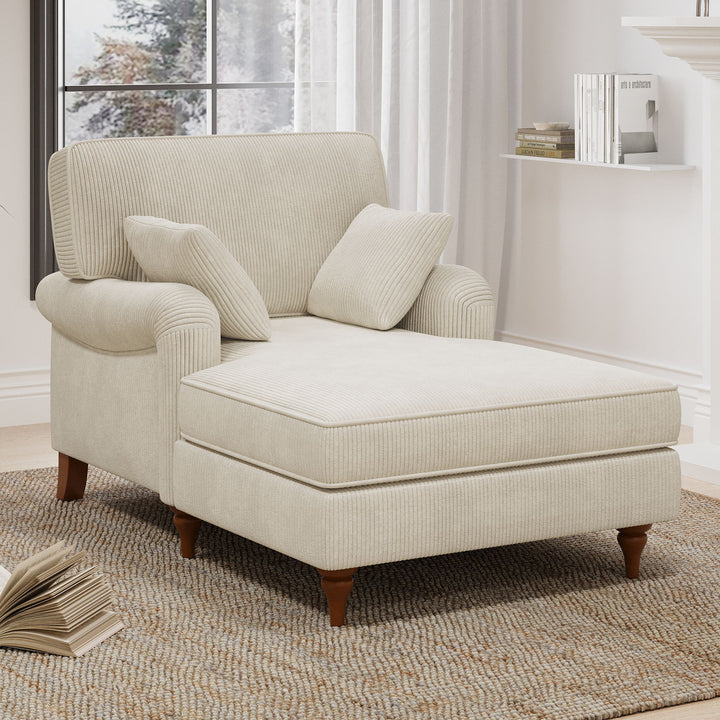 Oversized Chaise Lounge Chair Indoor With 2 Comfy Pillows Rolled Arms Corduroy Fabric Sleeper Sofa Chair For Living Room Bedroom - Beige