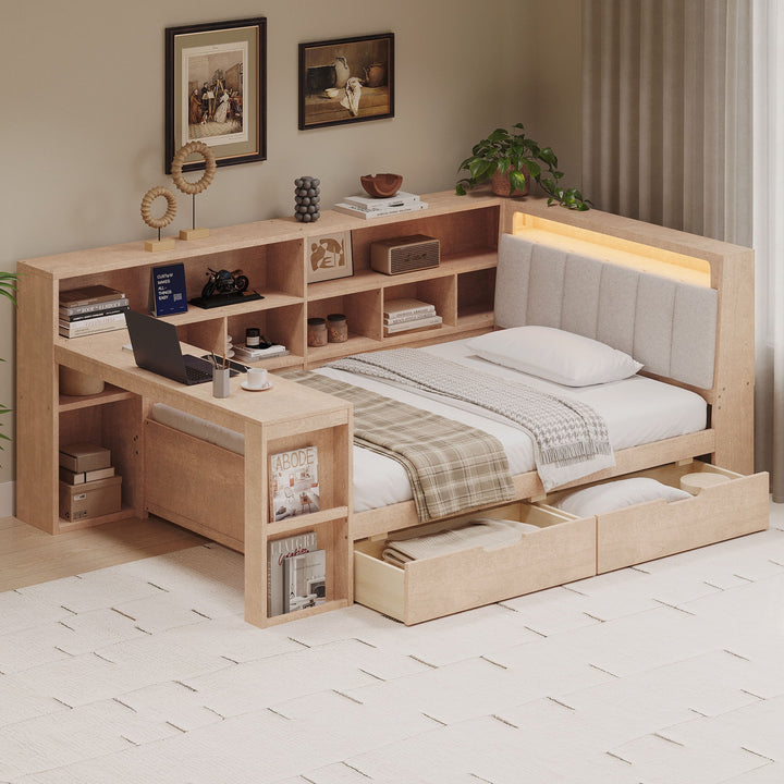 L Shaped Daybed With Desk, Bookcase, Upholstered Headboard, Drawers, And LED Light
