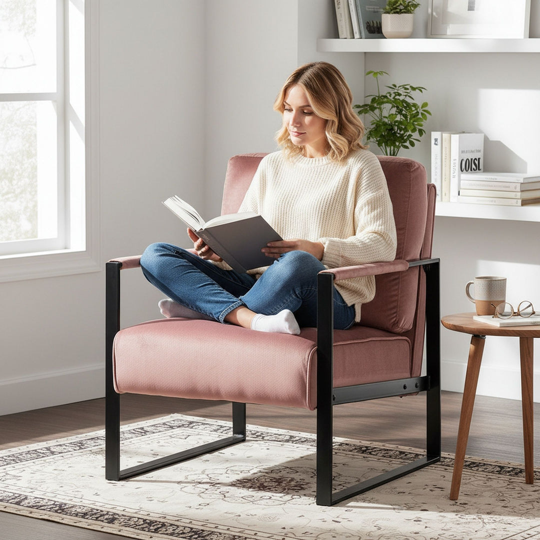 Classic Mid Century Modern Accent Chair With Durable Square Metal Frame, Armchair