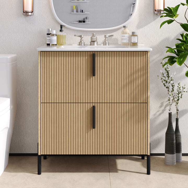 Bathroom Vanity With Ceramic Sink, Fluted Design