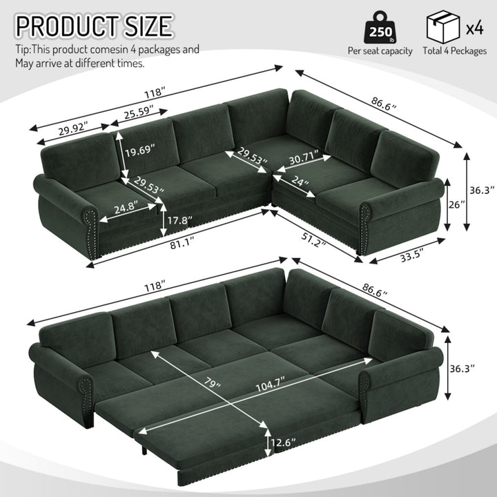 L-Shaped Sofa Couch With Pull Out Bed With Nailhead Trim & Rolled Arm, Sectional Couches, For Living Room - Green