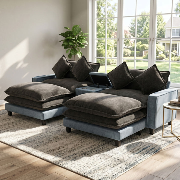 Sectional Sofa With Removable Ottomans, USB Ports, Cup Holders & Storage - Gray / Light Blue