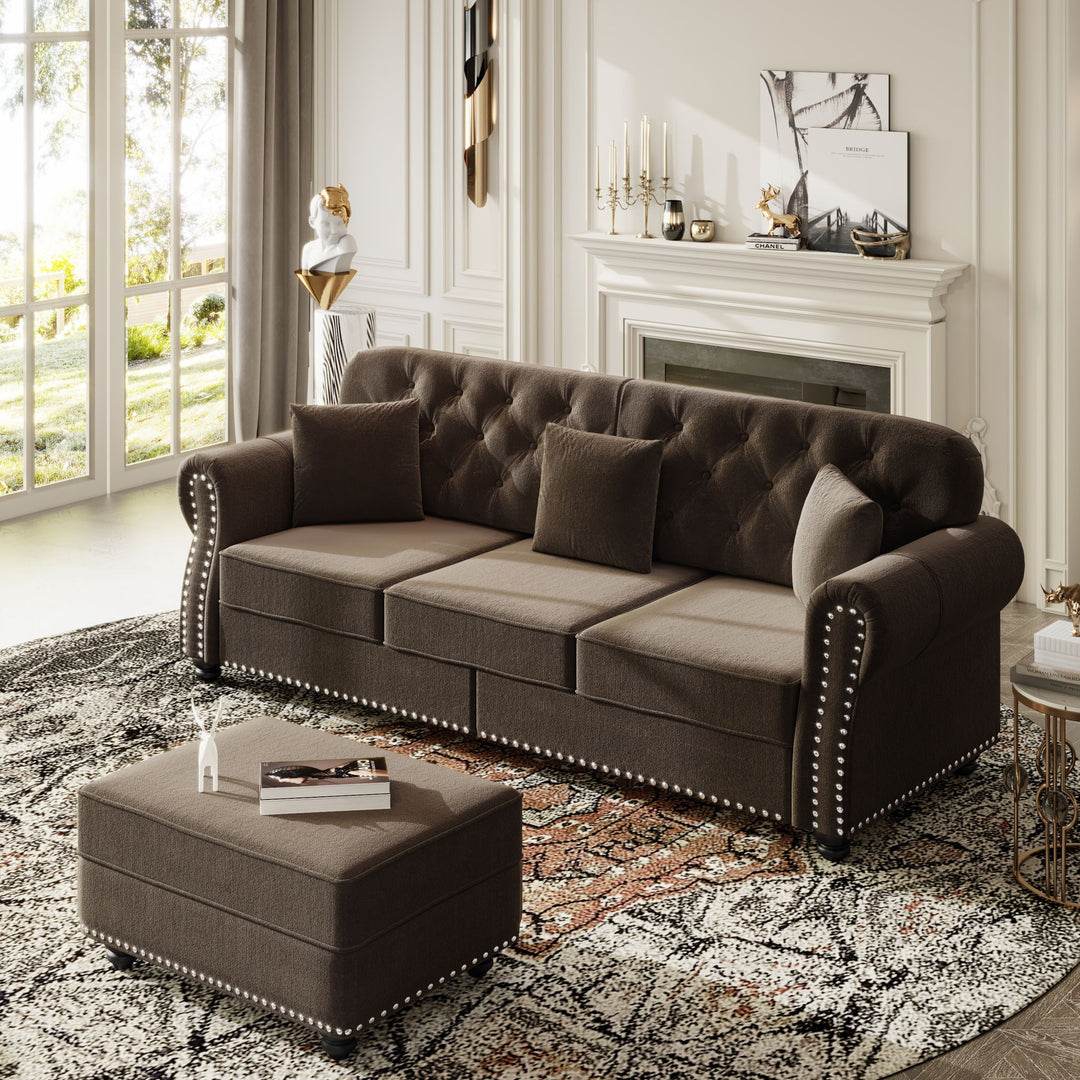 Upholstered 3 Seater Sofa Set With Ottoman