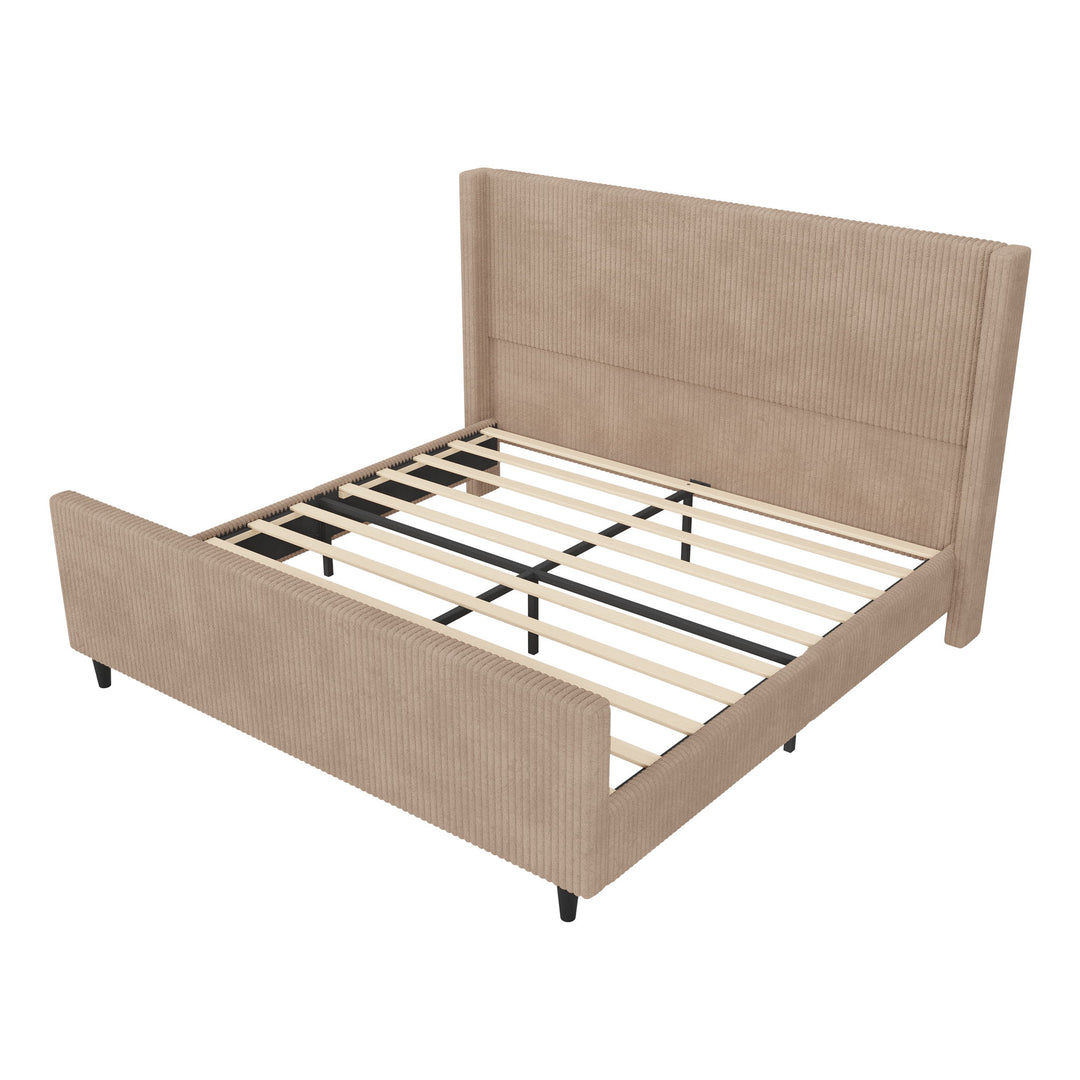Corduroy Upholstered Bed Frame With Vertical Stripe Wingback And High Footboard