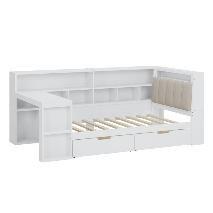 L Shaped Daybed With Desk, Bookcase, Upholstered Headboard, Drawers, And LED Light