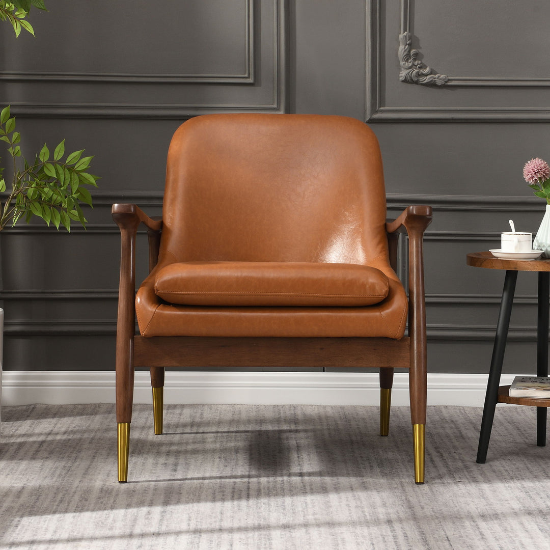 Mid - Century Accent Chair With Cushioned Seat, Brass Tipped Legs