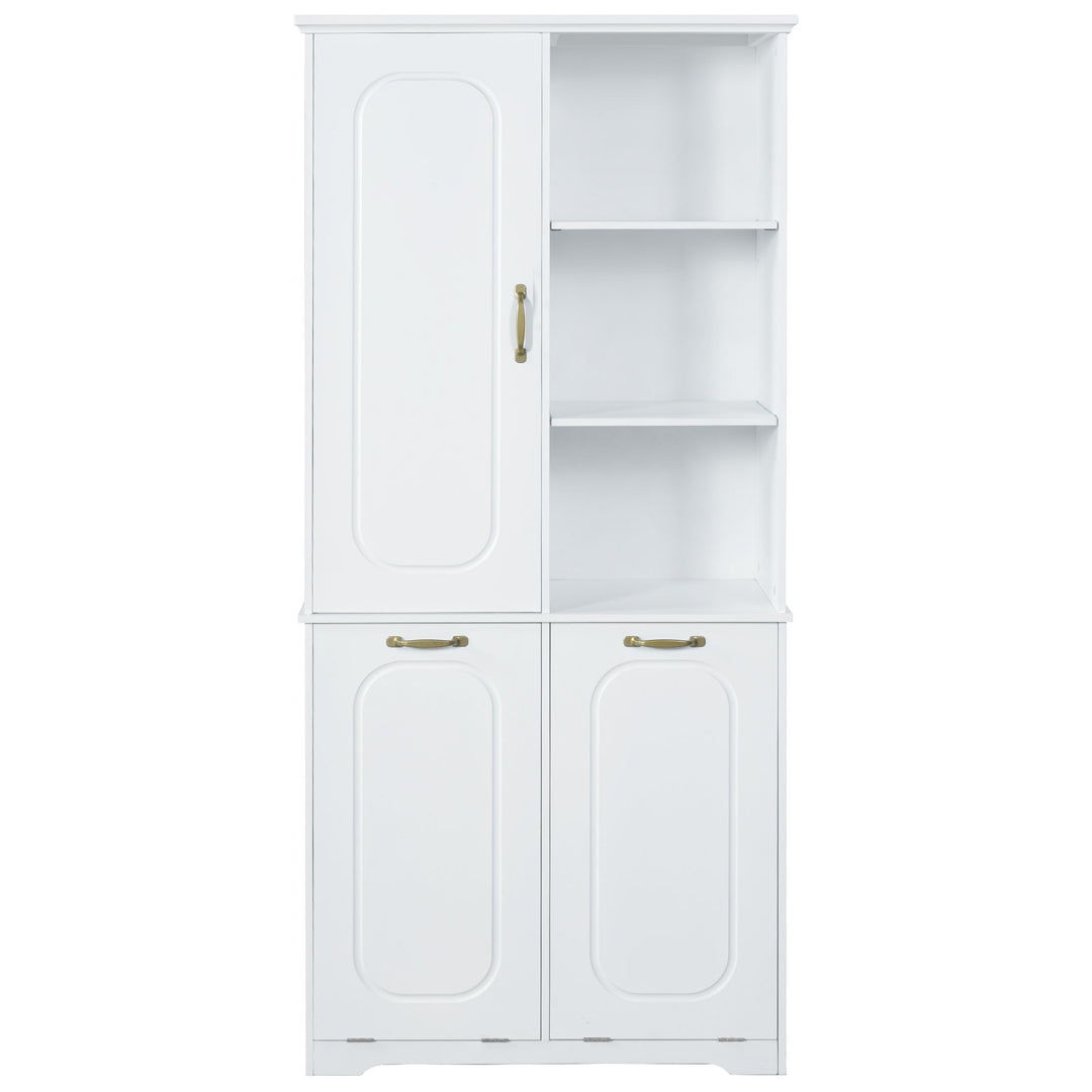 Freestanding Tall Storage Cabinet With 2 Tilt Out Hampers, Adjustable Shelves, Soft Close Door, Door Mounted Organizer - White