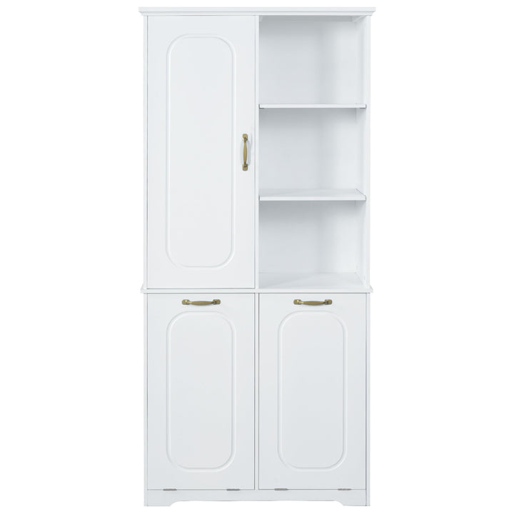 Freestanding Tall Storage Cabinet With 2 Tilt Out Hampers, Adjustable Shelves, Soft Close Door, Door Mounted Organizer - White