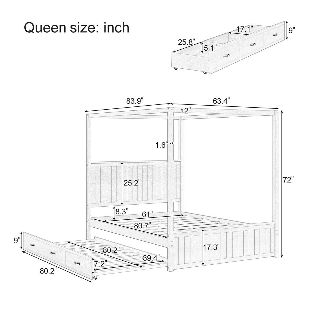 Canopy Platform Bed With Trundle And 3 Storage Drawers, 4 Post Solid Bed Frame With Headboard