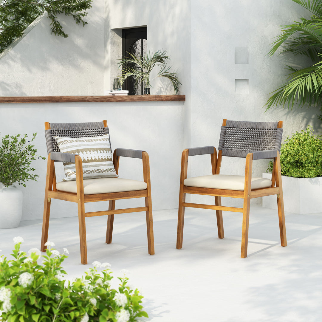 Outdoor Acacia Wood Dining Armchair With Cushion (Set of 2)