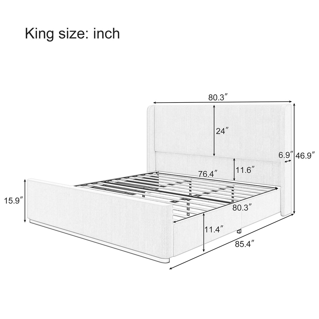 King Size Luxurious Corduroy Upholstered Bed Frame With Vertical Stripe Wingback Headboard And High Footboard - Light Gray