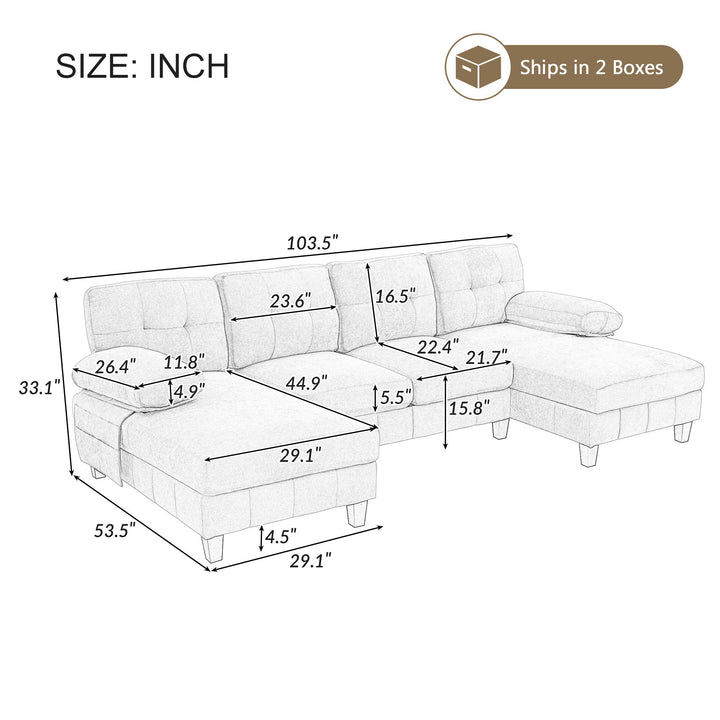 U-Shaped Sectional Sofa 103.5" Fabric Couch With Dual Chaise Lounges, Storage Pockets, Armrest Pillows