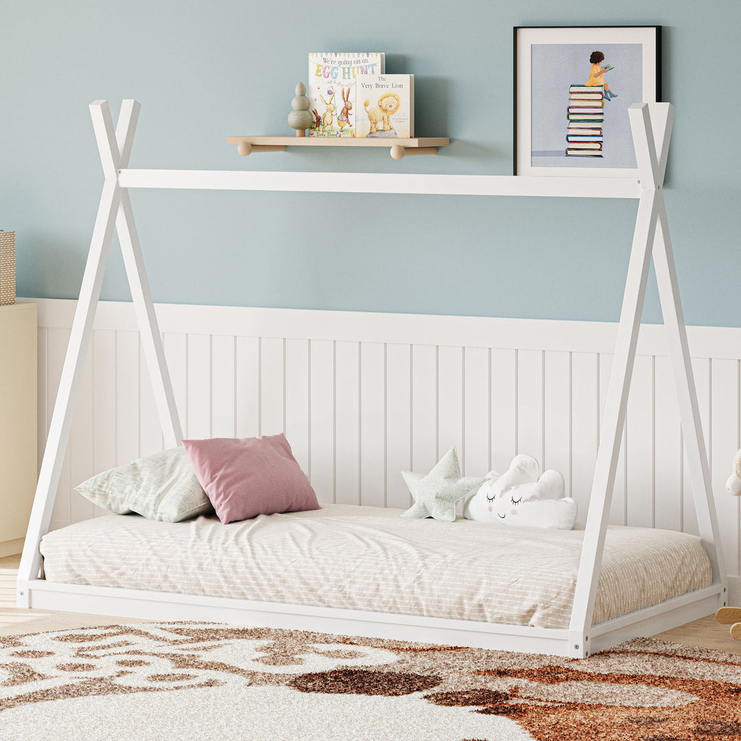 Wood Tent Bed For Kids, Montessori Style Low - Floor Bed, House-Shape Tent Bed Frame
