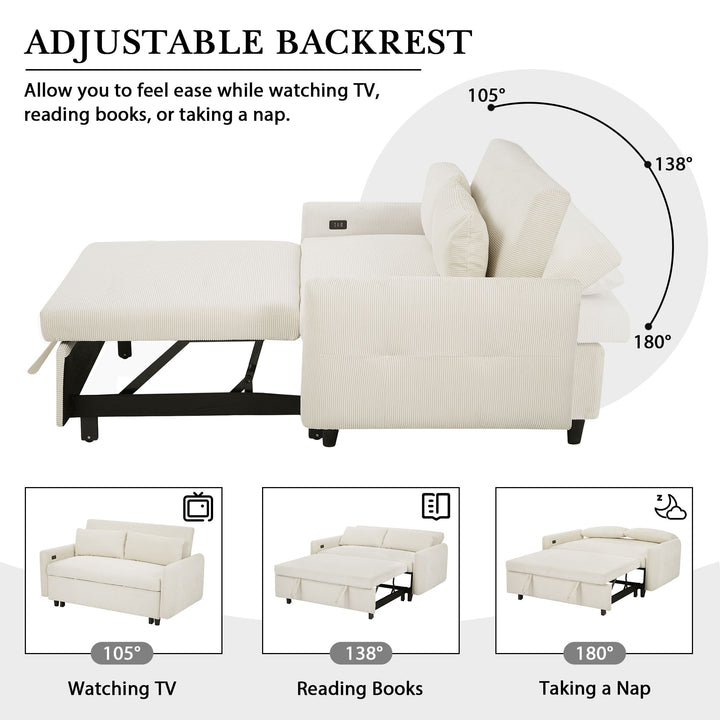 Pull-Out 2 Seat Modern Sleeper Sofa With 2 Throw Pillows And USB Ports