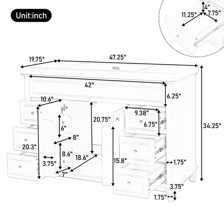 Bathroom Vanity Cabinet Only, 6 Soft Close Drawers & Double Doors With 2 Tier Shelves - White
