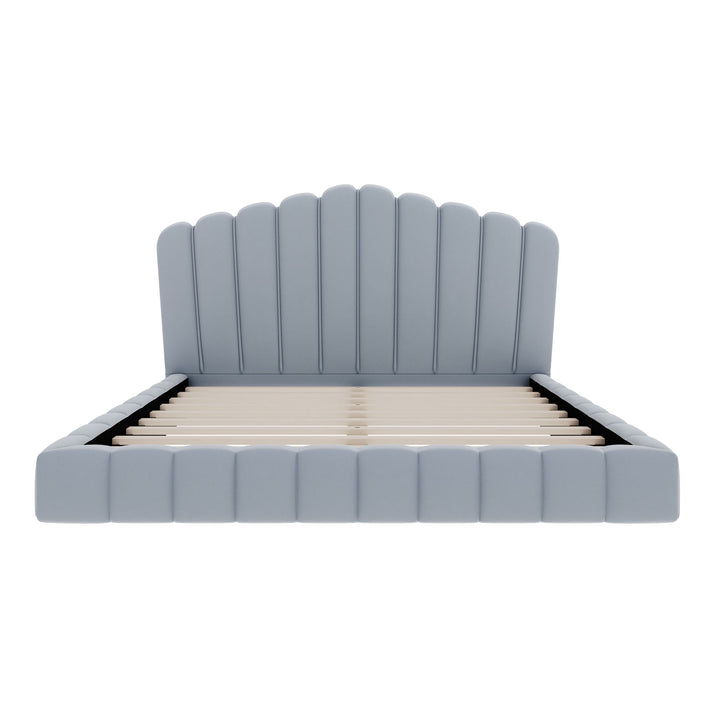 Queen Upholstered Bed Frame With Shell Shaped Headboard - Light Blue - Light Blue