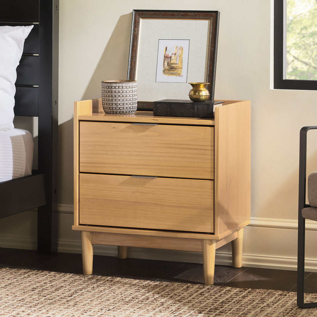 Mid Century Modern 2 Drawer Nightstand - Natural Pine